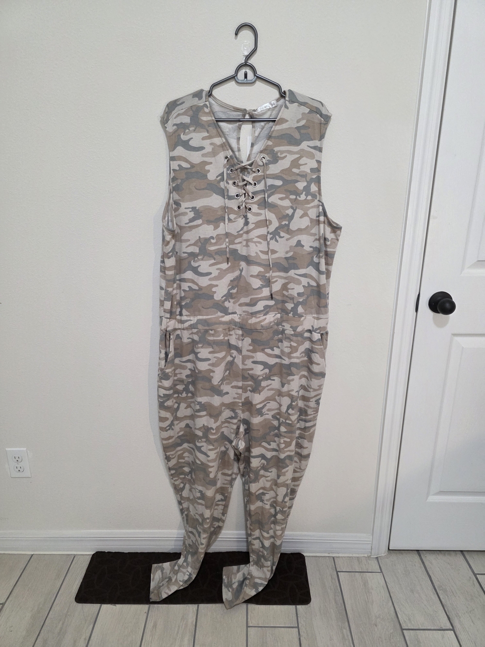 Sleeveless Lace-Up Camo Jumpsuit in Beige Camo